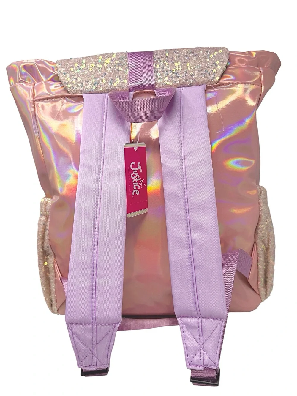 Justice Light Pink/purple iridescent patent leather Sequin Rucksack Backpack nwt